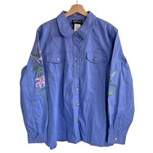 BOB MACKIE PERIWINKLE PURPLE EMBROIDERED FLORAL BUTTON UP JACKET WOMENS LARGE